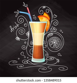 Realistic cocktail on chalk background with doodle, pattern. Vector illustration