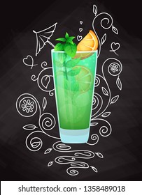 Realistic cocktail on chalk background with doodle, pattern. Vector illustration