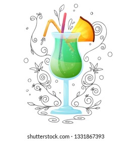 Realistic cocktail on a white background with a doodle, pattern. Vector illustration