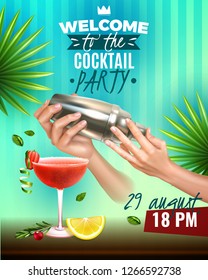 Realistic cocktail party colorful poster with bartender hands making delicious drinks vector illustration