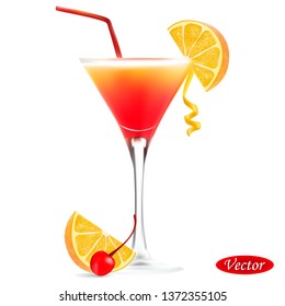 Realistic cocktail Tequila Sunrise. Colorful vector drawing. Design for paper, baners, t-shirts, logos and more.