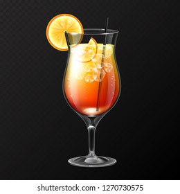Realistic cocktail tequila sunrise glass vector illustration on transparent background