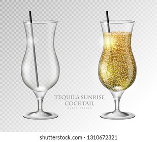 Realistic cocktail tequila sunrise vector illustration on transparent background. Full and empty glass