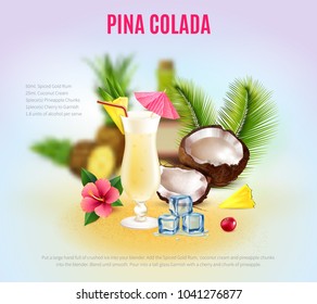 Realistic cocktails composition with pina colada cocktail and ingredient of this cocktail vector illustration