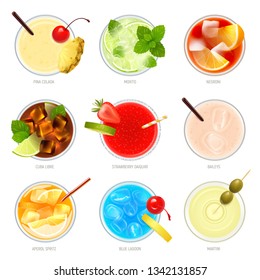 Realistic cocktails top view set with nine isolated images of cocktail glasses with toppings and text vector illustration