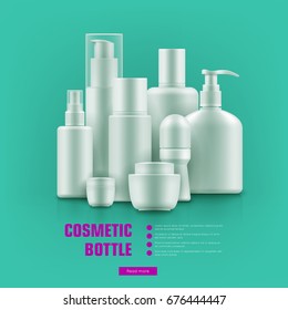 Realistic cocmetic mockup. Package with golden caps for anti-aging creams, cleansers, moisturizers set. Luxury beauty and health concept. Realistic vector illustration on turquoise background