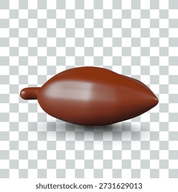 Grano de cacao realista, vaina madura acostado. Materias primas orgánicas aromáticas