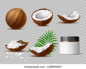 Realistic Coconut. Blank Butter Packaging, Cream Jar. Whole, Half And Pieces Nut, Green Palm Leaf, Natural Healthy Dry Raw Food, 3d Exotic Plant. Dairy Or Cosmetic Utter Vector Isolated Set