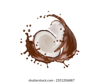 Realistic coconut and chocolate milk splash wave flow with splatters, vector drink and dessert food. 3d hot chocolate, cocoa and choco milk shake beverage splash with tropical coconut fruit halves