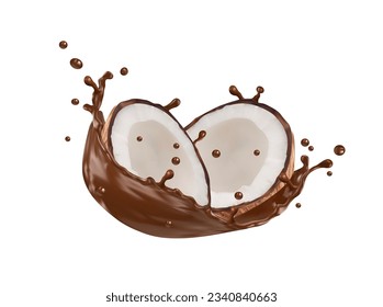 Realistic coconut and chocolate milk swirl splash flow. 3d vector coco nut halves with soft white flesh and brown liquid splashing. Isolated tropical plant with sweet melt cocoa, natural product