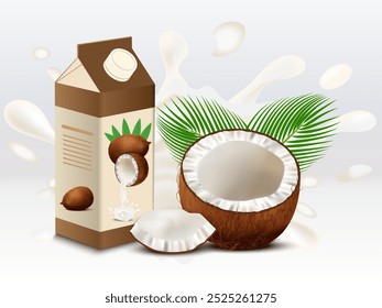 Realistic coconut milk container design with coconut milk splashing on the background.