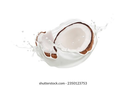 Beber de leche de coco realista y salpicar con salpicaduras que evocan una sensación de deleite y indulgencia tropical. Semillas aisladas de coco vectorial 3d con flujo líquido blanco fresco capturado en movimiento en el aire medio