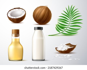 Realistic coconut products. 3d exotic plant, green palm leaf, half and whole coconut, chips, milk and butter in glass bottles, blank transparent packaging. Dairy or cosmetic utter vector set