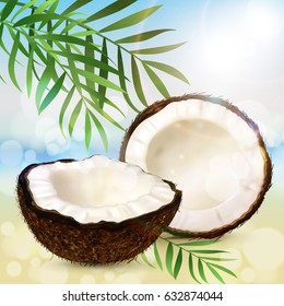 Realistic coconut, two halves of coco and palm leaves on a sunny summer beach background. Vector.