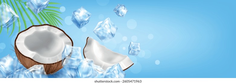 Realistic coconut whole and slice with flying ice cubes on blue background. Fresh cold drinks advertising banner concept with text space