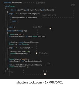 Realistic code in IDE with abstract elements. Software development, back end and front end. Vector image of lines of code. Script or method on programming language in code editor.