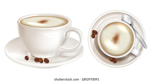 Realistic Coffee with air froth top and side view. Realistic view of coffee with necessary accessories isolated on white background. Vector illustration