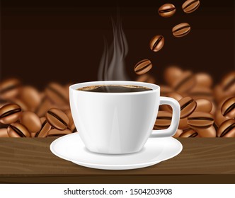 Realistic coffee, arabica 100%, coffee banner, beans and hot drink, good morning, vector illustration