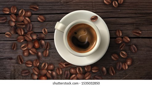 Realistic coffee background with cup of coffee in flatlay style and beans around vector illustration