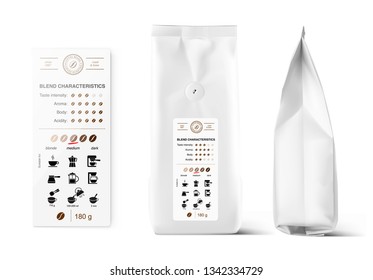 Realistic coffee bag with label. The set helps to present coffee. Suitable brewing methods for your coffee blend. Can be used on packaging, advertising, promo, etc. EPS10.