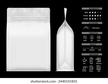Realistisches Kaffeebeutel-Mock-up. Vordere und seitliche Ansicht. Das Set hilft, Kaffee zu präsentieren. Geeignete Brühmethoden für Ihre Kaffeemischung. Kann für Ihr Design, Werbung, Promo usw. verwendet werden. EPS10.