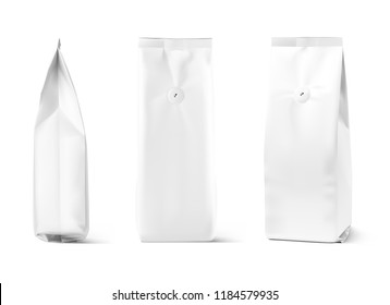 Realistic coffee bag mockup isolated on white background. Front and side view. Easy to use for your design, presentation, adv. Vector illustration. EPS10.