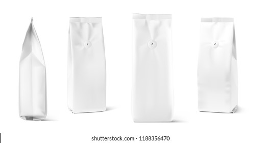 Realistic coffee bag mockup isolated on white background. Front and side view. Easy to use for your design, presentation, adv. Vector illustration. EPS10.