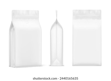 Realistic coffee bag mockup isolated on white background. Front and half side views. Vector illustration isolated on white background.The set helps to present coffee. Can be use for your design, adver