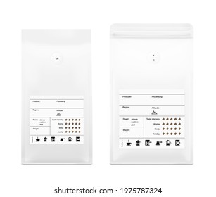 Realistic coffee bag mockup with label. Front and side view. The set helps to present coffee. Suitable brewing methods for your coffee blend. Can be used on packaging, advertising, promo, etc. EPS10.	