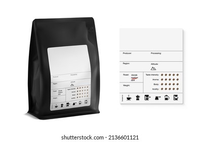 Realistic coffee bag mockup with label. The set helps to present coffee. Suitable brewing methods for your coffee blend. Can be used on packaging, advertising, promo, etc. EPS10.	