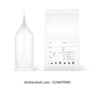 Realistic coffee bag mockup with label. Front and side view. The set helps to present coffee. Suitable brewing methods for your coffee blend. Can be used on packaging, advertising, promo, etc. EPS10.