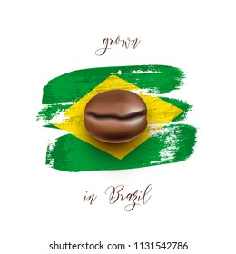 Realistic coffee bean on flag of Brazil made of brush strokes. Vector design element.