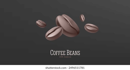 Realistic coffee beans, 3D. Roasted, aromatic beans for advertising and promotion of coffee products on a dark background. Vector illustration