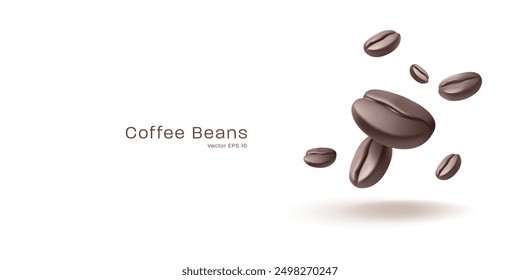 Granos de café realistas en el aire, 3D. Hermosa representación de granos de café para anunciar delicioso café, café y bebidas de café. Ilustración vectorial.