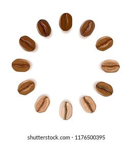 Realistic coffee beans of different colors placed in circle with place for text, isolated on white background, vector illustration