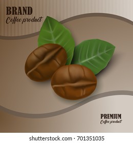 Realistic coffee beans with leave on label. Vector illustration.