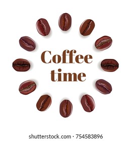 Realistic coffee beans placed in circle with place for text, isolated on white background. Vector illustration.