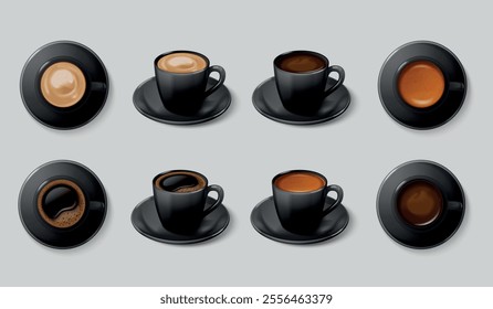 Realistic coffee black cups. Americano porcelain mug, ceramic cup on saucer cappuccino hot coffe drink cocoa espresso mocha latte 3d caffeine mugs mockup exact vector illustration original artwork