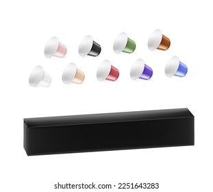 Realistic coffee capsules and box mockup set. Vector illustration on white background. Easy to use for presentation your product, idea, design. EPS10.	