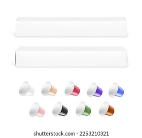 Realistic coffee capsules and box mockup set. Vector illustration on white background. Easy to use for presentation your product, idea, design. EPS10.	