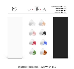 Realistic coffee capsules and boxes mockup set. Vector illustration on white background. Easy to use for presentation your product, idea, design. EPS10.	