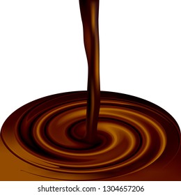 Realistic coffee or cocoa liquid flow and whirlwind Golden brown color. Whirl of of pouring chocolate milk. Trickle and Swirl of molten of chocolate mousse gloss. Vector illustration.
