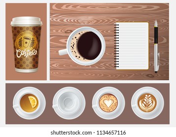 Realistic coffee concept with paper container empty mug cups of tea and coffee notepad pen on wooden background vector illustration