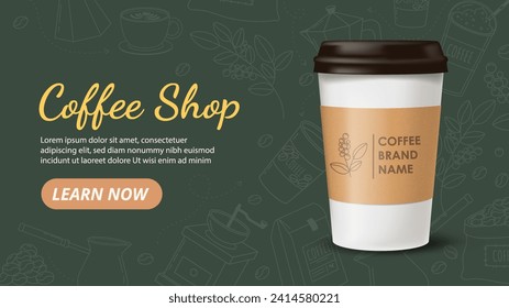 Realistic coffee cup banner. Template for cardboard cup with hot drink. Aoma and beverage. Cappuccino, mochaccino, latte and Americano. Landing page design. Isometric vector illustration