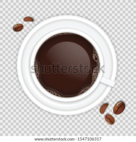 Realistic coffee cup with coffee beans. top view. vector illustration isolated on transparent background