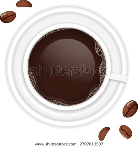 Realistic coffee cup with coffee beans. top view. vector illustration isolated on transparent background