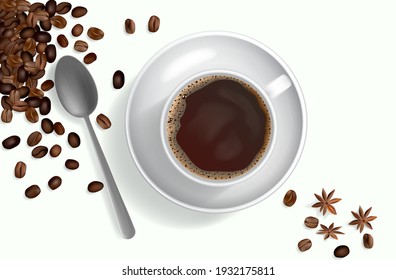 Realistic coffee cup with coffee beans. Vector illustration of a coffee cup with beans on a light background with shadows. A blank for creativity.