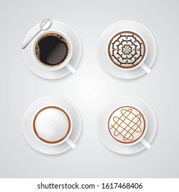 Realistic coffee cup  form espresso machine,Americano,Cappuccino,Caramel macchiato and Mocha,vector design,Top view.