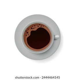 Realistic coffee cup. Hot drinks espresso latte and cappuccino, 3D mockup of coffee cup on plate top view. Vector illustration isolated black coffee drink on white background