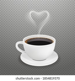 Realistic coffee cup. Hot heart steam, white espresso americano mug. Morning drink for energy vector illustration